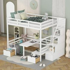 a white loft bed sitting on top of a wooden floor