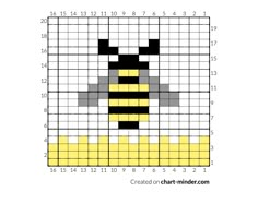 a cross stitch pattern with a yellow and black bee on it's face, as well as numbers