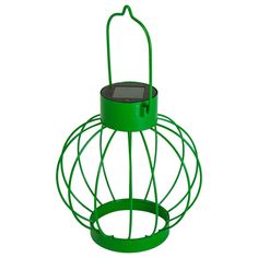 a green bird feeder with a solar panel in the top and bottom, on a white background