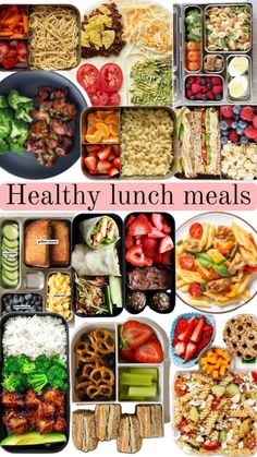 a collage of healthy lunch meals including salads, fruit and vegetables with the words healthy lunch meals