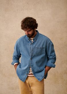 Valerio Shirt - Denim - Cotton - Octobre Éditions Denim Tops With Patch Pockets In Washed Blue, Indigo Denim Tops With Patch Pockets, Indigo Denim Top With Patch Pockets, Everyday Light Indigo Long Sleeve Shirt, Casual Medium Wash Shacket, Casual Medium Wash Shacket For Everyday, Everyday Light Indigo Denim Top With Pockets, Washed Blue Button-up Shirt With Patch Pockets, Light Wash Relaxed Fit Button-up Shacket