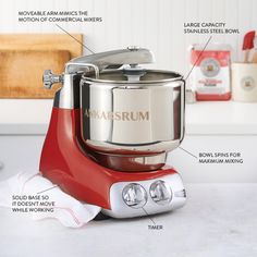 an image of a red mixer with labels on the side and instructions to use it