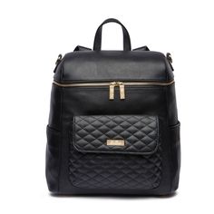 a black quilted backpack with gold zippers