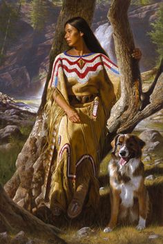 a painting of a native american woman and her dog