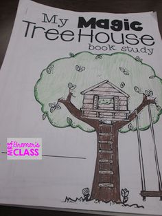 a drawing of a tree house with a swing in front of it that says, my magic tree house book study