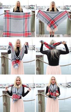 16 ways to wear a blanket scarf Square Blanket Scarf, Wearing A Scarf, Dunner Wordend Haar, Style College, Tutorial Hijab