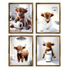 four pictures of cows with towels on their heads and in the bathtub, one is holding a roll of toilet paper