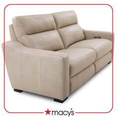 the reclining sofa is shown in beige leather