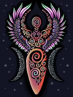 an artistic design with wings and swirls on a black background, surrounded by stars