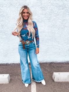 Women's western outfit featuring Montana Blue Mesh top and our Sideways Wide Leg Denim Jeans. Womens Western Outfits, Wide Leg Denim Jeans, Western Outfit, Chic Heels, Tee Shirt Dress, Top Graphic Tees, Fashion World, Wide Leg Denim