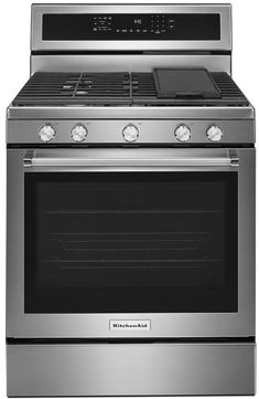 a stainless steel stove with the oven door open and an electric range in front of it