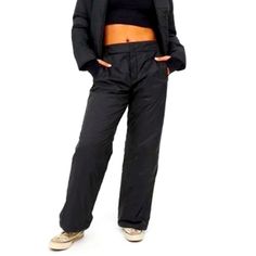 Black Puffer Pants, Women's Small Black Nylon Bottoms For Fall, Winter Parachute Pants With Relaxed Fit, Winter Relaxed Fit Parachute Pants, Black Nylon Bottoms For Work, Black Straight Leg Nylon Pants, Black Nylon Straight Leg Pants, White Romper Dress, Dark Grey Leggings, Houndstooth Leggings