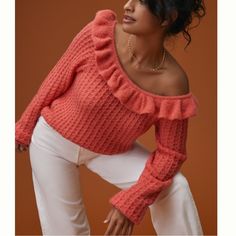 Selling A Classic Anthropologie Ruffled Boat Neck Sweater Size Xl. Pink Color. Never Worn, Nwt. From A Smoke And Pet Free Home. Bundle To Save Z12 Coral Sweater, Boat Neck Sweater, Pink Pullover Sweater, Cut Clothes, Ruffle Sweater, Corduroy Trousers, Ruffled Neckline, Orange Sweaters, Cold Shoulder Sweater