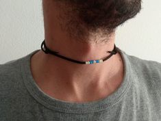 Adjustable black leather necklace/choker with beige (pearl) and blue seed beads for men or women is perfect gift for you or your loved once. (men's jewelry, unisex jewelry, women's jewelry) This leather necklace is wide 2 mm, and long 28 inches.  You can choose in drop down menu a secondary color on a necklace instead of a blue one if you prefer the other one :) ♥ Details: Necklace: black leather necklace, adjustable  Length of necklace: 28 inches High quality small Toho seed beads; 6/0 ,4 mm Ch Casual Blue Choker For Gift, Casual Blue Choker As Gift, Casual Blue Choker Gift, Adjustable Brown Choker As A Gift, Minimalist Adjustable Blue Choker, Casual Adjustable Cord Choker Gift, Casual Adjustable Cord Choker, Casual Adjustable Choker As Gift, Casual Adjustable Length Choker As Gift