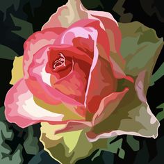 a painting of a pink rose with green leaves on the side and red petals on the other side