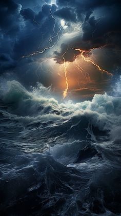 an image of a storm in the ocean with lightning coming from it's center