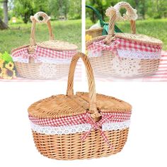 two wicker baskets sitting on top of a picnic table