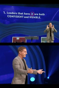 a man in a suit giving a speech on stage with the caption that reads, 1 leaders that have it are both confident and humble