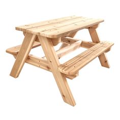 a wooden picnic table sitting on top of a white background