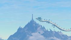 a dragon flying over a mountain with birds on it's back and in the air