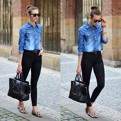 Cheetah Print Shoes Outfit Casual, Denim Shirt Spring Outfit, Jean Shirt And Jeans Outfit, Leopard Print Loafers Outfit, Animal Print Loafers Outfit, Denim Shirt Black Jeans Outfit, Black Jeans Denim Shirt, Denim Shirt Black Pants, Dark Denim Shirt Outfit