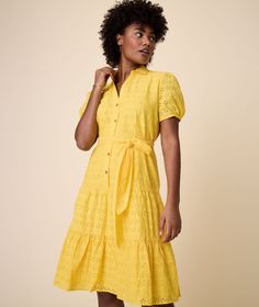 Cotton Eyelet Short Sleeve Augusta Dress Solid Yellow | UNTUCKit Wrap Shirt Dress, Button Shirt Dress, Eyelet Shorts, Eyelet Fabric, Fun Dress, Belted Shirt Dress, Dress Size Chart, Dress Size Chart Women, Style Profile