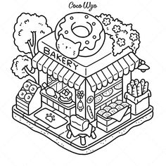 a black and white drawing of a donut shop with the words corollly on it