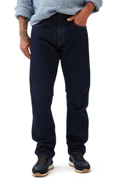 Dark-washed Italian denim with a peck of stretch means all-day comfort and style in these versatile straight-leg jeans. 32" inseam Zip fly with button closure Five-pocket style 98% cotton, 2% elastane Machine wash, line dry Imported Classic Jeans With Button Closure And Straight Hem, Classic Straight Hem Jeans With Button Closure, Classic Jeans With Button Closure, Dark Wash Relaxed Fit Jeans With Standard Cut Leg, Dark Wash Straight Leg Rigid Denim Jeans, Dark Wash Relaxed Fit Jeans, Classic Jeans With Button Closure And Standard Cut Leg, Dark Wash Straight Fit Jeans, Classic Jeans With Button Closure In Rigid Denim