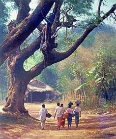 three people walking down a dirt road under a large tree