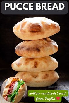 a stack of bread sitting on top of a wooden table