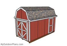 a red barn with a brown roof and windows on the side, is shown in front of a white background