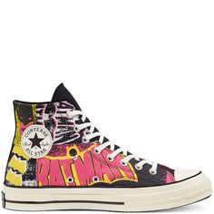 Converse x Batman Chuck 70 High Top To celebrate the 80th anniversary of Batman, Converse released a signature collection in October 2019 in honor of the comic's legacy. This Chuck 70 sneaker spins a punk rock version of a retro Batman logo and Pop Art graphics on the canvas upper. The Bat-Signal stands in for the license plate bumper on the left shoe's heel patch. An All-Star ankle emblem and vulcanized rubber sole affirm the old-school look. Canvas upper Rubber outsole All sizes are listed in Retro Yellow High-top Sneakers For Streetwear, Converse Sneakers With Logo Print For Streetwear, Yellow Retro Sneakers With Boost Midsole, Yellow High-top Sneakers With Vulcanized Sole For Streetwear, Converse Graphic Print Sneakers For Streetwear, Converse Sneakers With Graphic Print For Streetwear, Retro Yellow Sneakers For Skateboarding, Yellow Retro Sneakers For Skateboarding, Converse High-top Sneakers With Logo Print