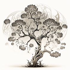 an artistic tree with many branches and flowers on it's trunk, in front of a white background