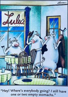 two cows are talking to each other at a table