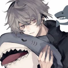 an anime character holding a shark in his arms and looking at the camera with a smile on his face