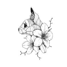 a black and white drawing of a dog with flowers