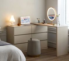 a bedroom with a desk, mirror and stool in it next to a large window