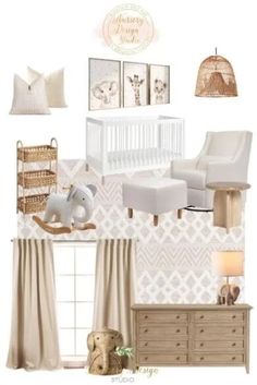 a baby's room with white furniture and accessories