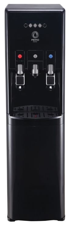 a black water dispenser sitting on top of a white surface with buttons