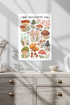 a poster with mushrooms and plants on it