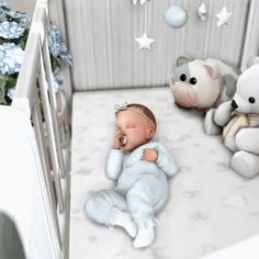 there is a baby in the crib with stuffed animals next to him and another teddy bear