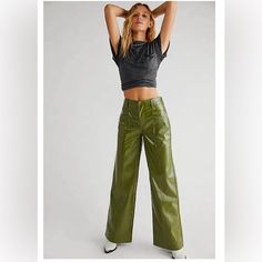 Nwot Free People Green Vegan Leather Pants Size 12 Description In The Pictures. People Fly, Green Pesto, Vegan Leather Pants, Star Crossed Lovers, Star Crossed, Bell Bottom Pants, Faux Leather Pants, Free People Pants, Wide Leg Jumpsuit