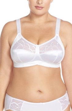 Sumptuous satin and scrolling details elevate the aesthetics of this bra with supportive three-part cups that provide beautiful full-figure lift. Style Name:Elomi Cate Full Figure Soft Cup Bra. Style Number: 5078483. Available in stores. Elegant Fitted Full Coverage Sports Bra, Elomi Bras, Bra Models, White Bras, Soft Cup Bra, Triangle Bralette, Bra Style, Soft Cup, Bra Panty