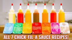 all 7 chicken - fil - a sauces are in different colors and sizes