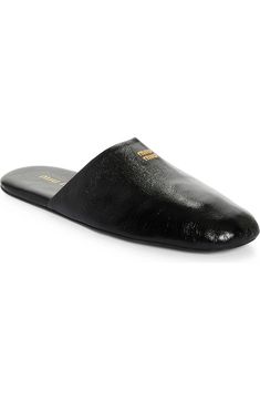 Miu Miu Logo Slipper Mule (Women) | Nordstrom Luxury Formal Slippers With Flat Heel, Designer Mules With Leather Footbed For Work, Designer Mules For Workwear With Leather Footbed, Designer Workwear Mules With Leather Footbed, Luxury Slip-on Mules With Branded Insole, Luxury Calf Leather Evening Mules, Luxury Calf Leather Mules For Evening, Luxury Leather Mules With Flat Heel, Luxury Leather Sole Slip-on Mules