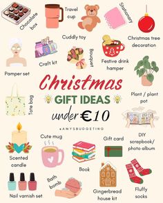 christmas gift ideas under $ 10 with the words, gifts and other items on it