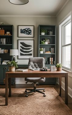 an office with a desk, chair and bookshelf