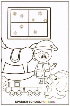 a coloring page with an image of a santa clause and his sleigh in the background