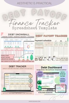 a poster with the words debt payoff, finance tracker and spreadsheet template