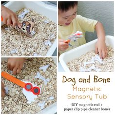 a collage of photos showing how to make a dog and bone magnetic tub for toddlers